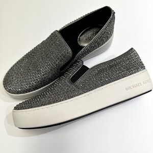 MICHAEL KORS TRENT GLITTER-CHAIN MESH SLIP-ON SNEAKERS BLACK/SILVER 9.5 M NWOB